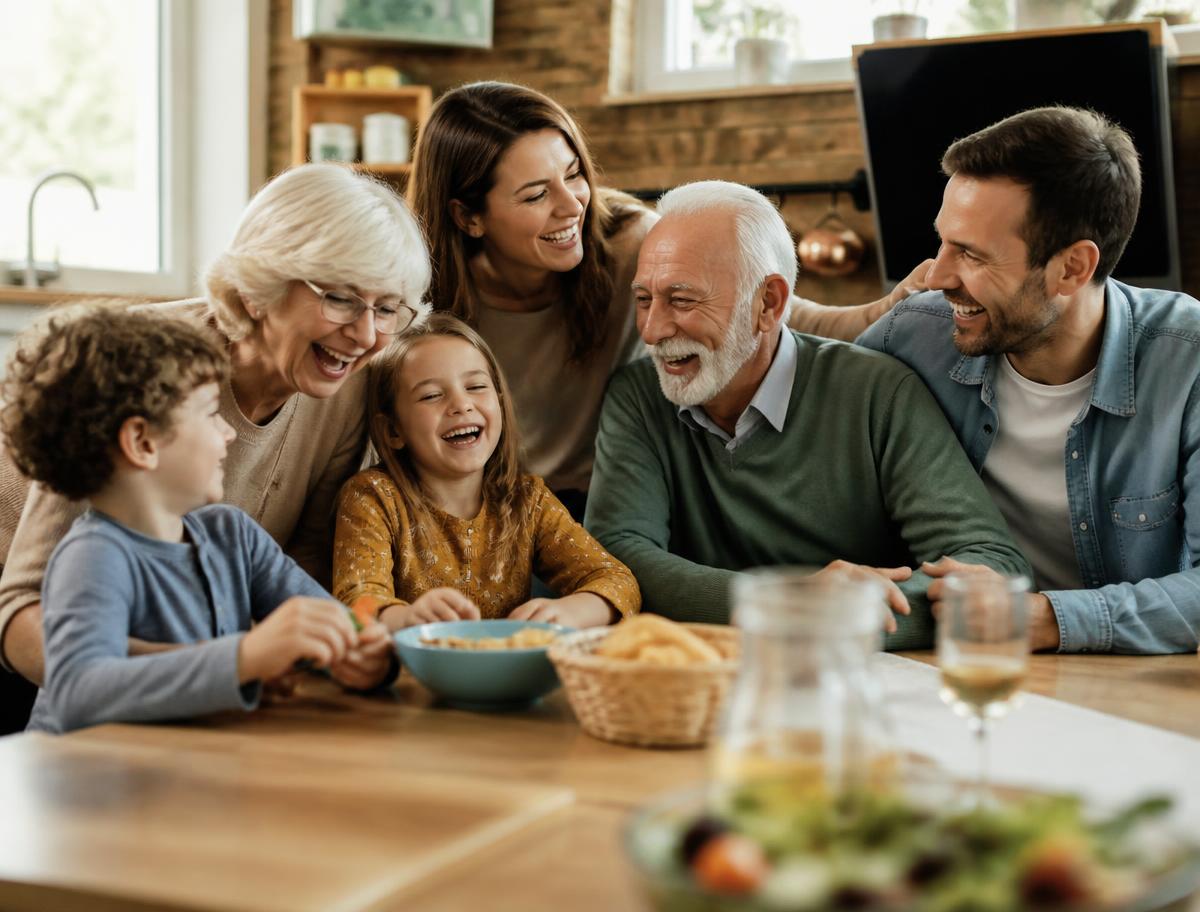 Three generations of a family laughing together around a kitchen table