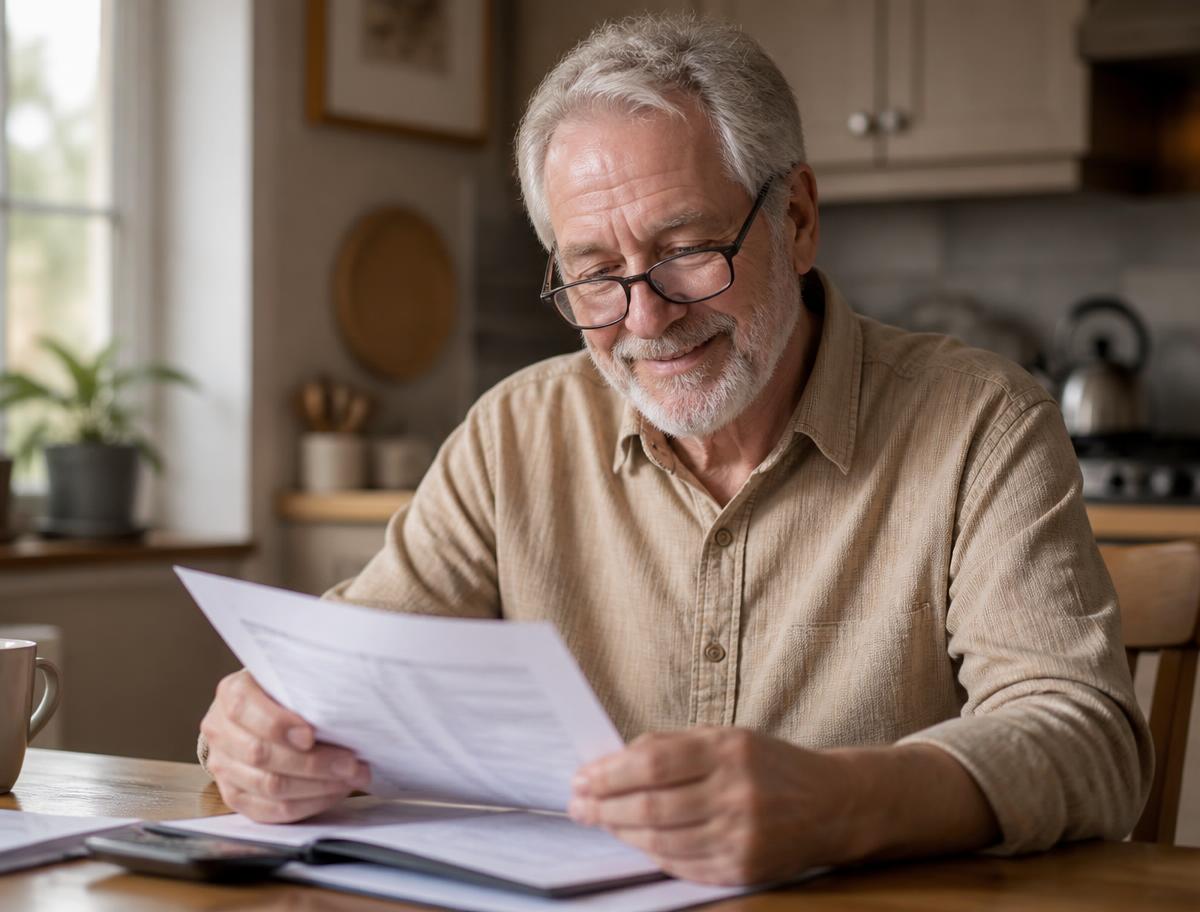 A senior man reviewing his life insurance paperwork at home